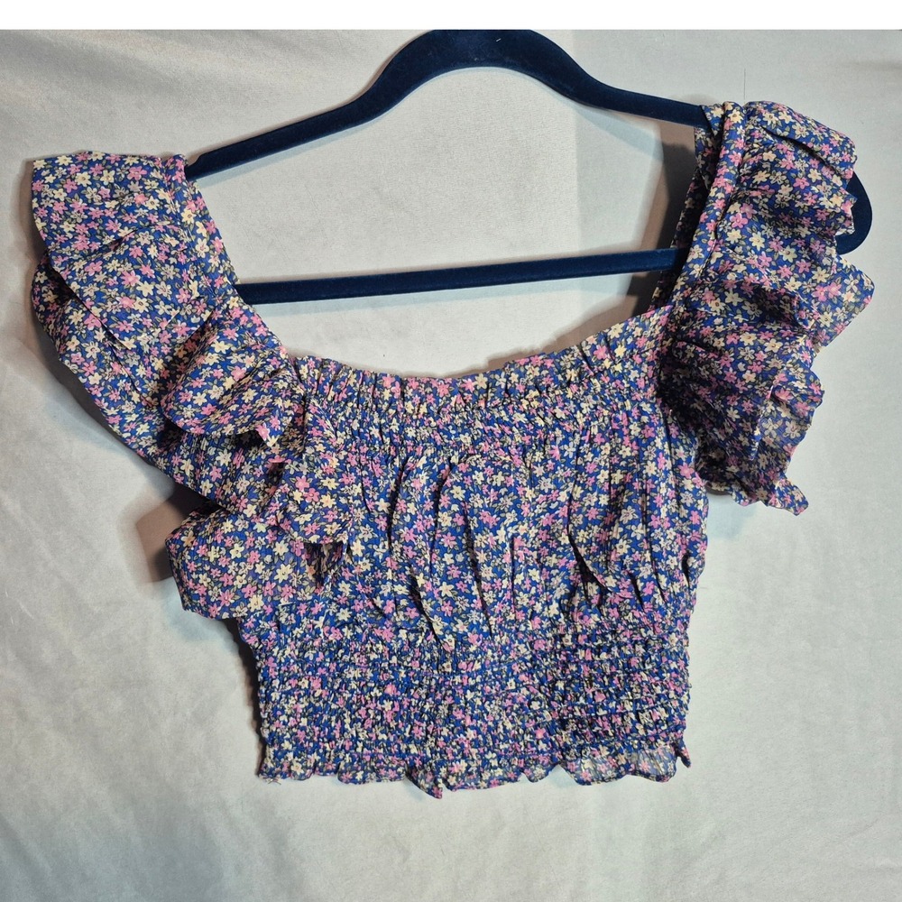 Floral Smocked Ruffle Crop Top Blue‎ Pink Yellow Off Shoulder Blouse